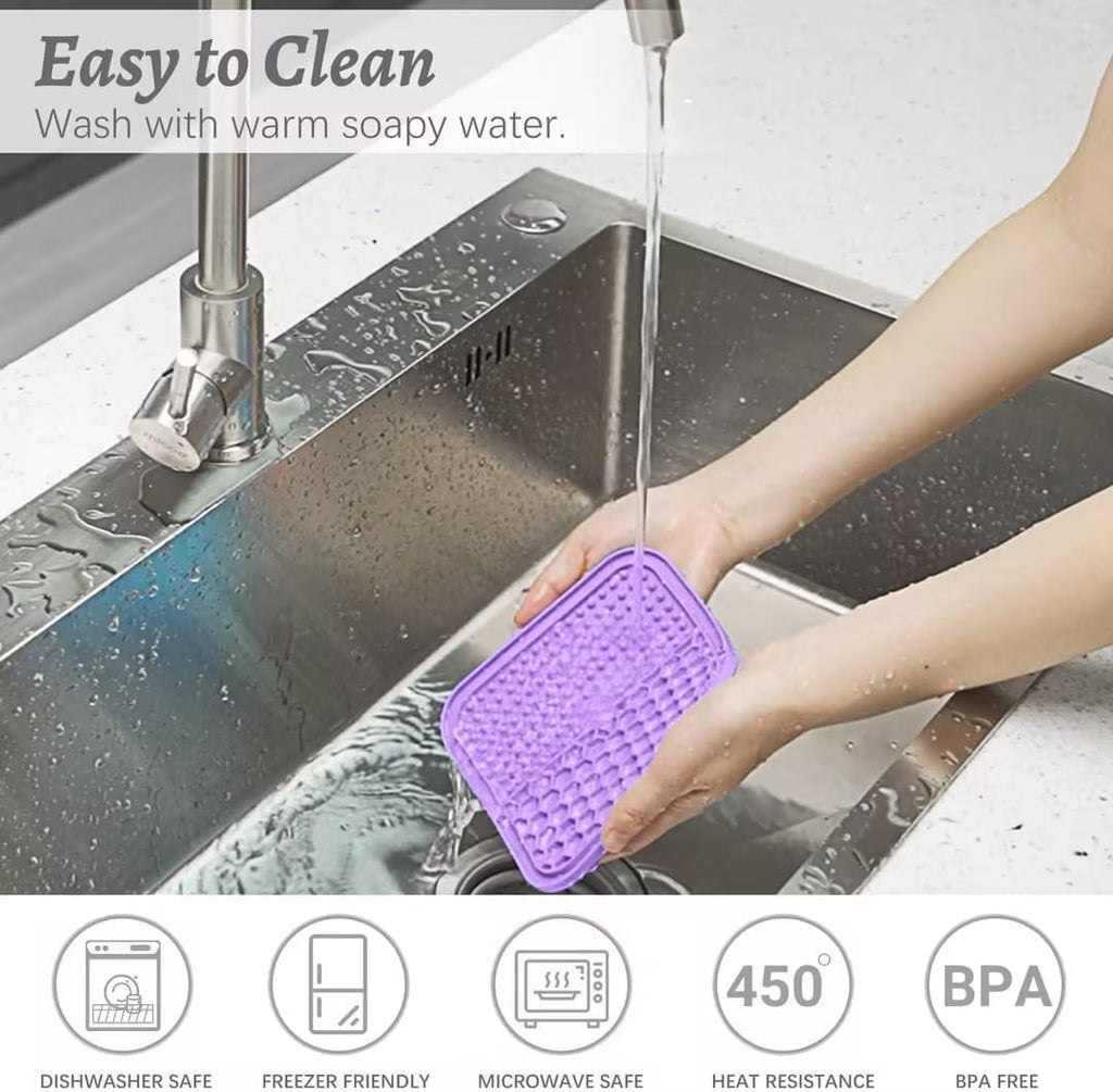 2PCS Lick Mat with Suction Cups for Dogs and Cats, 6'' × 6'' Food Grade Silicone Licking Mat with Spatula, Purple&Light Blue
