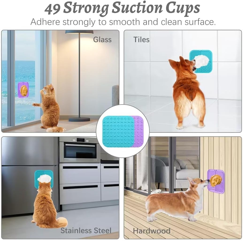 2PCS Lick Mat with Suction Cups for Dogs and Cats, 6'' × 6'' Food Grade Silicone Licking Mat with Spatula, Purple&Light Blue