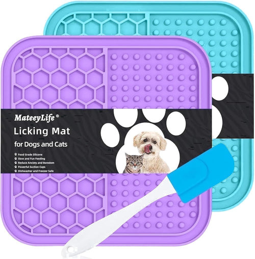 2PCS Lick Mat with Suction Cups for Dogs and Cats, 6'' × 6'' Food Grade Silicone Licking Mat with Spatula, Purple&Light Blue