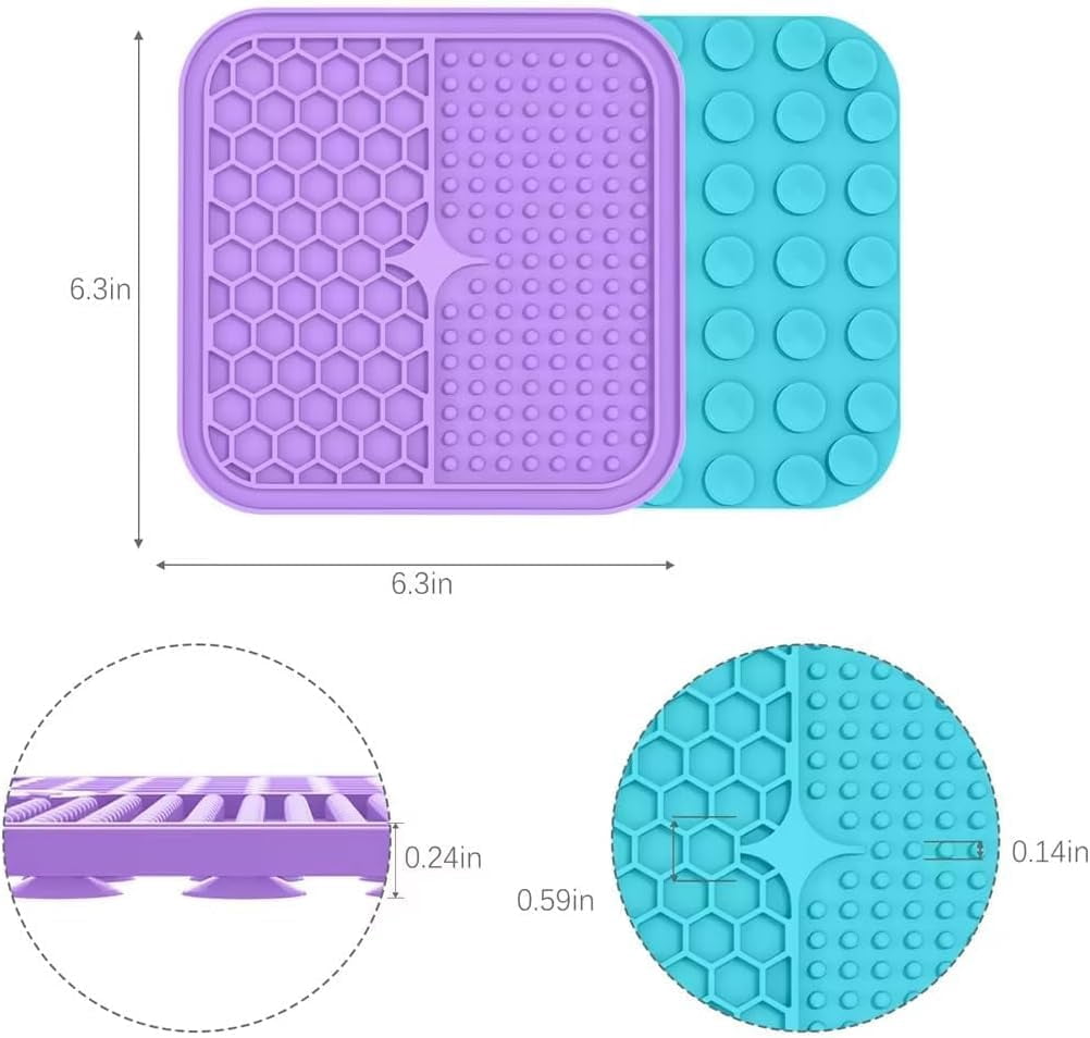 2PCS Lick Mat with Suction Cups for Dogs and Cats, 6'' × 6'' Food Grade Silicone Licking Mat with Spatula, Purple&Light Blue